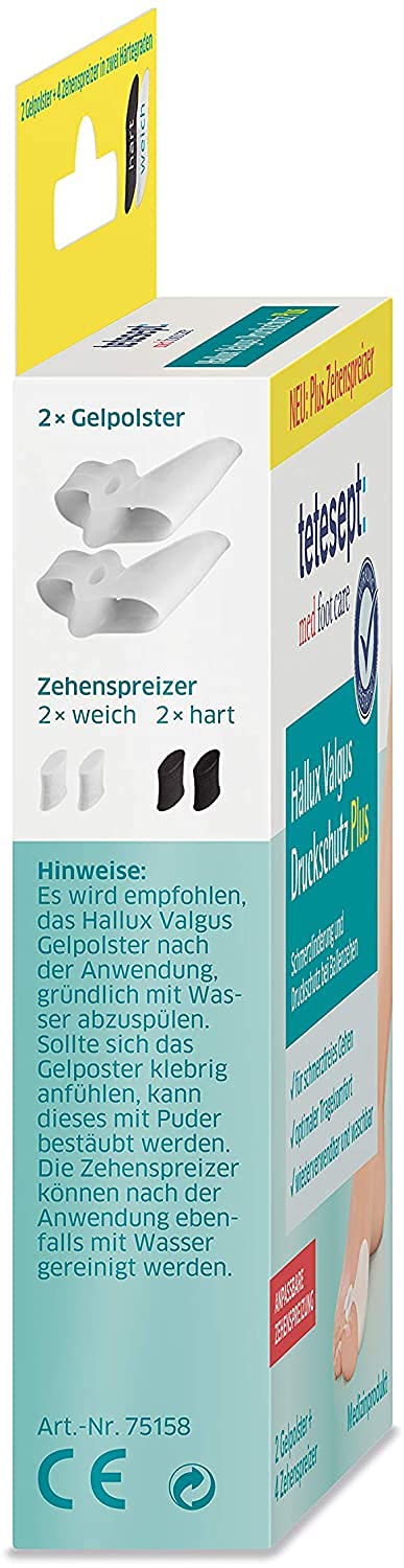 [Australia] - tetesept med foot care Hallux Valgus Pressure Protection Plus - Pain relief and pressure protection for bunions - For pain-free walking - 4 x gel pads + 8 x toe separators (pack of 2) 