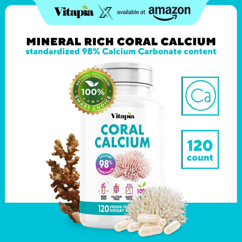 Vitapia Coral Calcium Powder 1000mg Capsules for Overall Health, Bone Health, PH Level Balance, Trace Minerals Support - 120 Veggie Capsules - Non-GMO & Gluten-Free Supplement 120 Count (Pack of 1)