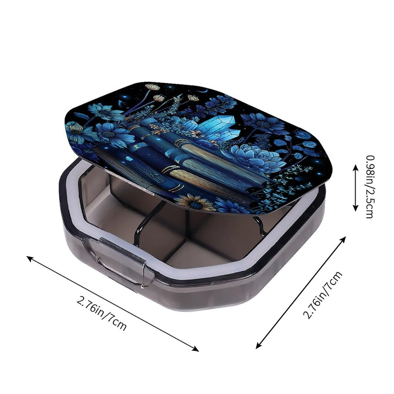 4 Compartment Books Blue Crystal Flowers Travel Pill Organizer, Watertight Portable Daily Pill Box for Vitamins, Fish Oil, Medicine & Small Items - BPA-Free Food Grade Material 4 Compartment