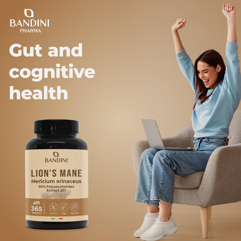 Bandini® Lions Mane Mushroom 2000mg - 365 High Strength Vegan Tablets 1 Year Supply - Hericium Erinaceus 25:1 Extract with Black Pepper - 50% Polyphenols - Lion's Mane Alternative to Powder & Capsules