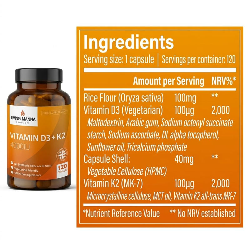 Vitamin D3 4000 IU + K2 MK‑7 100mcg High Strength | 120 Vegetarian Capsules | Bone, Immune & Heart Support | Pure D3 & K2 | UK Made – Living Manna 120 count (Pack of 1)