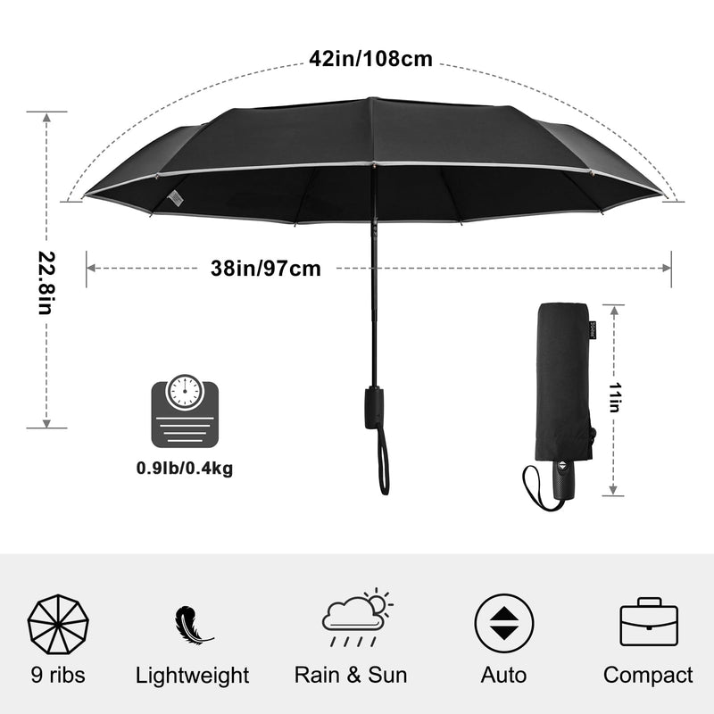G4Free 42 Inch Eco Windproof Folding Umbrella with Reflective Strip + 42 Inch Compact Strong Windproof Travel Umbrellas for Rain & Sun