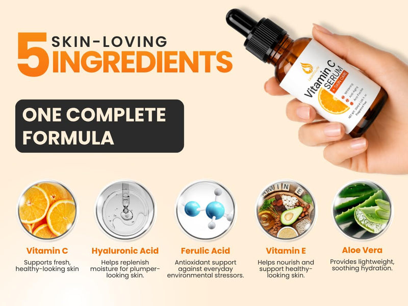 Vitamin C Serum for Face – Brightening Anti-Aging Facial Serum with Ferulic Acid, Vitamin E & Hyaluronic Acid – Fragrance-Free Dark Spot Corrector & Glow Formula, 1 fl oz