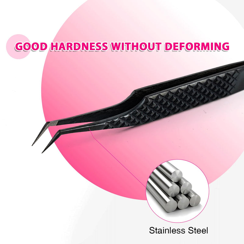 TDANCE Lash Tweezers for Eyelash Extensions, Diamond Grip 45 Degree Fiber Tip Lash Tweezers, Stainless Steel Lash Extension Tweezers(Black-04) Black-04