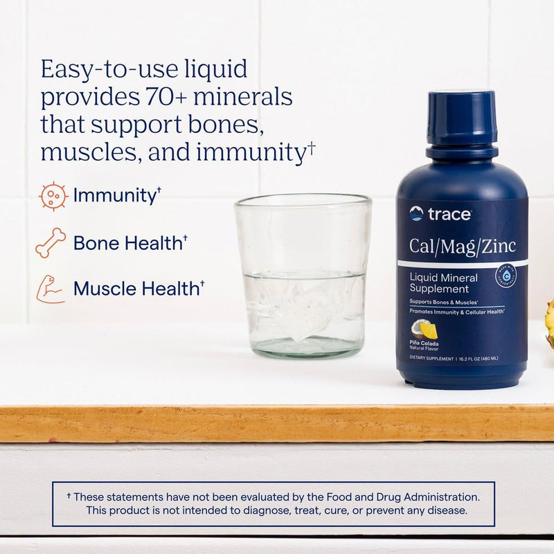 Trace Minerals Liquid Cal Mag Zinc with Vitamin D3, 16 fl oz, Pina Colada | Ionic trace minerals for absorption, Bone, muscle, and connective tissue health, 1-2 tbsp daily, Refrigerate after opening Piña Colada 16 Fl Oz (Pack of 1)