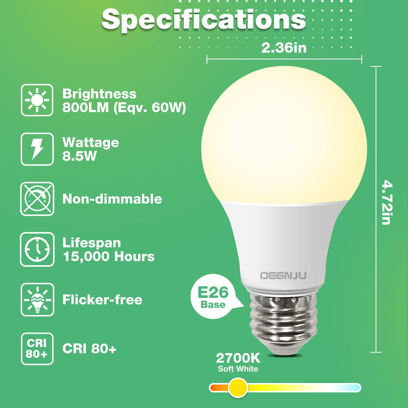 [Australia] - 24 Pack LED Light Bulbs Soft White 2700K, 60 Watt Equivalent LED Bulbs, A19 Standard Bulbs, 800 LM, 15000 Hours, E26 Base, Non-Dimmable, 8.5W White LED Bulbs for Bedroom Living Room 24 Pack A19-soft White 