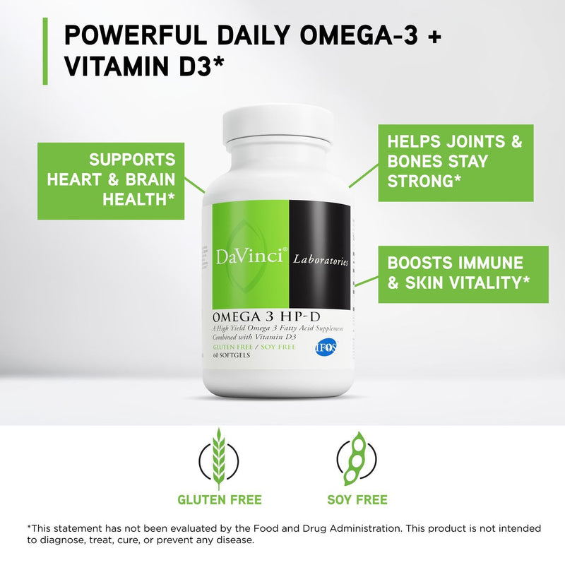 DAVINCI Labs Omega 3 HP-D - Dietary Supplement to Support Immune System, Healthy Joints and Cardiovascular and Skin Health* - with Vitamin D3 and More - Gluten-Free - 60 Softgels