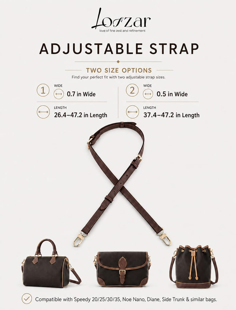 Vachetta Bag Strap for LV Speedy Boulogne Noe and More, Ebene | 0.7 In Wide Adjustable Bag Strap For Shoulder Or Crossbody Carry, Daily Outings, Travel, And Bags Without Side Strap Clasps 0.7" W x 47.2" L