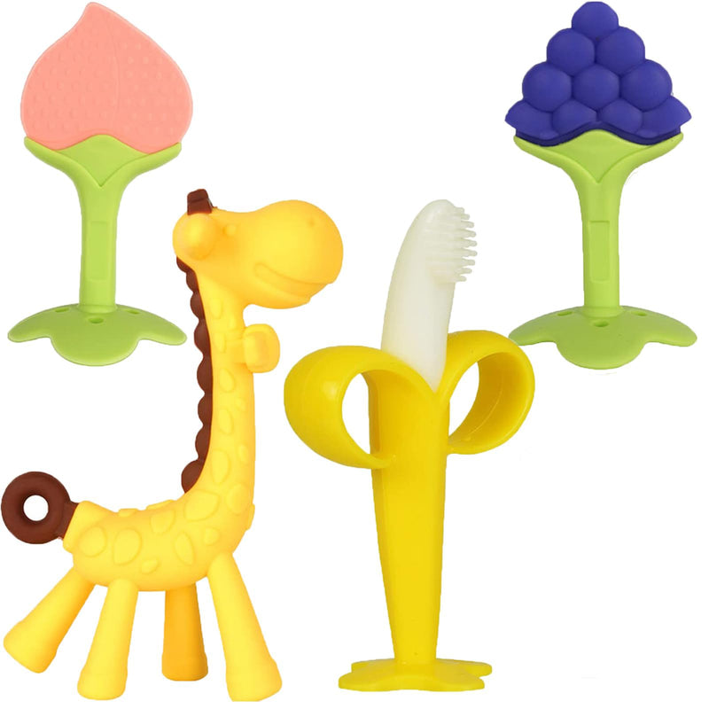 [Australia] - Baby Teething Toys 3-6 Months, Silicone Baby Teether Freezer BPA Free, Babies Teething Relief Sore Gums, Banana Finger Toothbrush, Fruit Shape Giraffe Teether for Infant Boys and Girls 