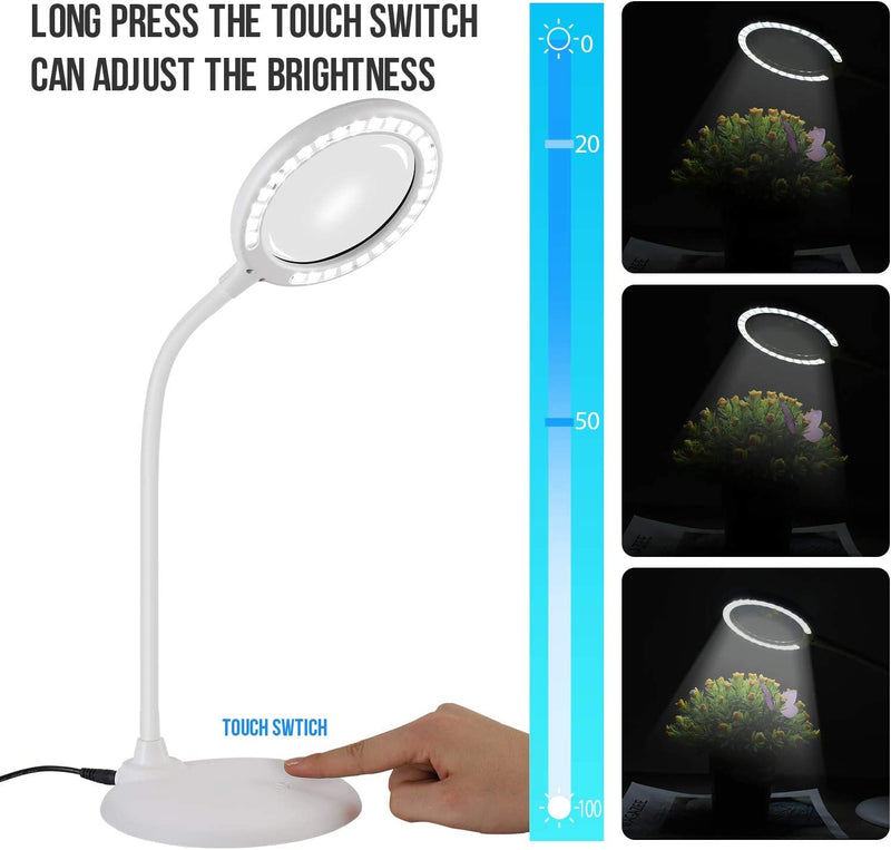 [Australia] - DUDSOEHO 3x Magnifying Glass with Light and Stand - Hand-free Touch Dimmable Magnifying Glass with LED Light for Work, Reading, Hobbies, Sewing, Crafts (White) White plugin 