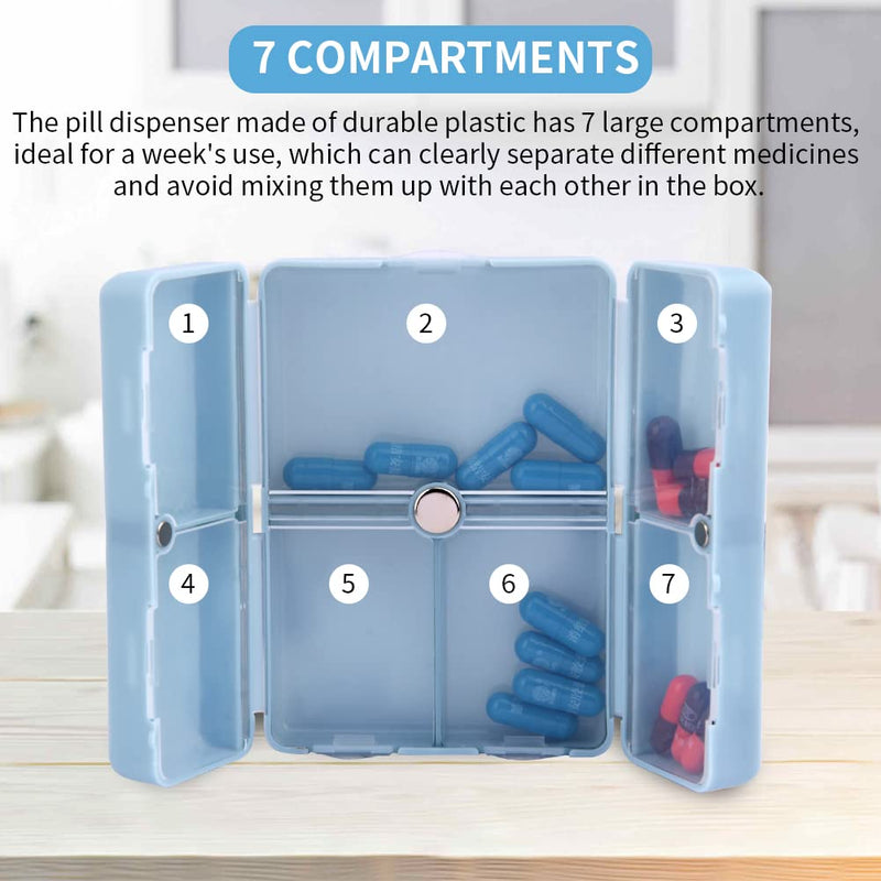 Xiaokeis 2 Pcs Pill Organizer, Travel Pill Organizer, Pocket Pharmacy with 7 Compartments Design, Magnetic Travel Pill Box Pill Dispenser, Portable Medicine Vitamin Holder Container(Blue+Green) Blue+green
