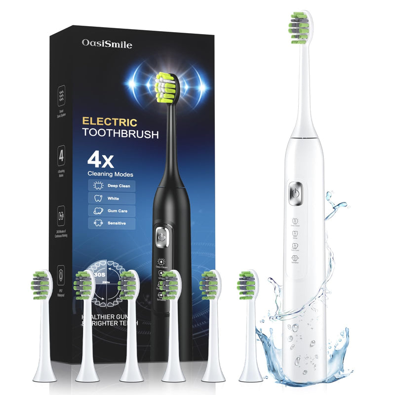 Electric Toothbrush for Adults, 42000 VPM Deep Clean Sonic Toothbrush with 6 Brush Heads, 4 Modes, 120-Day Battery Life, IPX7 Waterproof Rechargeable Toothbrushes Built-in Smart Timer (White)