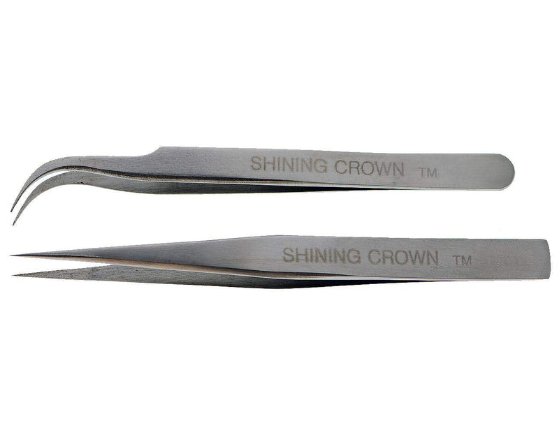SHINING CROWN Tweezers for Eyelash Extension Straight and Curved 2PCS Set 03 Straight+Curved