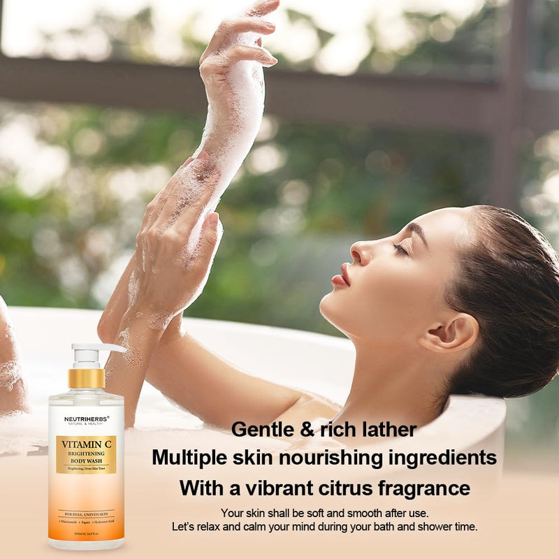 Neutriherbs Brightening Body Wash for Dull,Uneven Skin,Vitamin C Shower Gel | Daily Shower Soap for Women and Men, Enriched Papain, Niacinamide, Fresh Citrus Scent 16.9fl oz, Gentle Cleansing Skincare