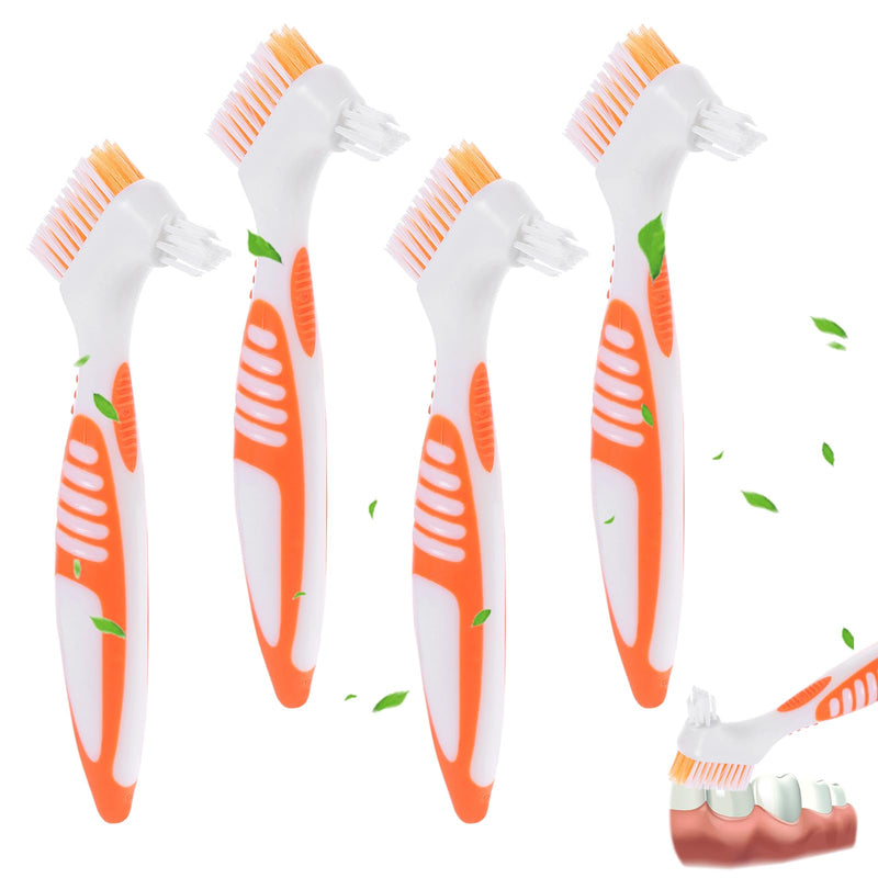 Healifty Toothbrush Cleaning Tools 4-Piece Double-Sided Denture Brush Set Multi-Layered Bristles for Effective Fake Teeth and Oral Care 6.5X1.6 Inches Orange