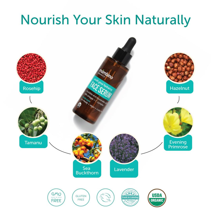 Mambino Organics Youth Glow Hydrating Serum, Vitamin C Face Serum with Marula, Rosehip Oil, Revitalizing Skin, Fades Dark Spots, Smooths Texture, Organic, Vegan, Skin Care, 1 fl oz, 2-Pack All Skin Types 1 Fl Oz (Pack of 2)