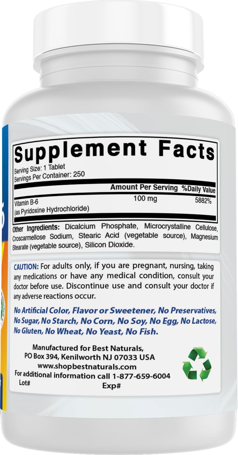 Vitamin B-6 100 mg 250 Tablets by Best Naturals -- Supports Casrdiovascular Health -- Manufactured in a USA Based GMP Certified Facility and Third Party Tested for Purity. Guaranteed!! (250 Tablets, 100 mg) (250 Count (Pack of 1)) 250 count (Pack of 1)