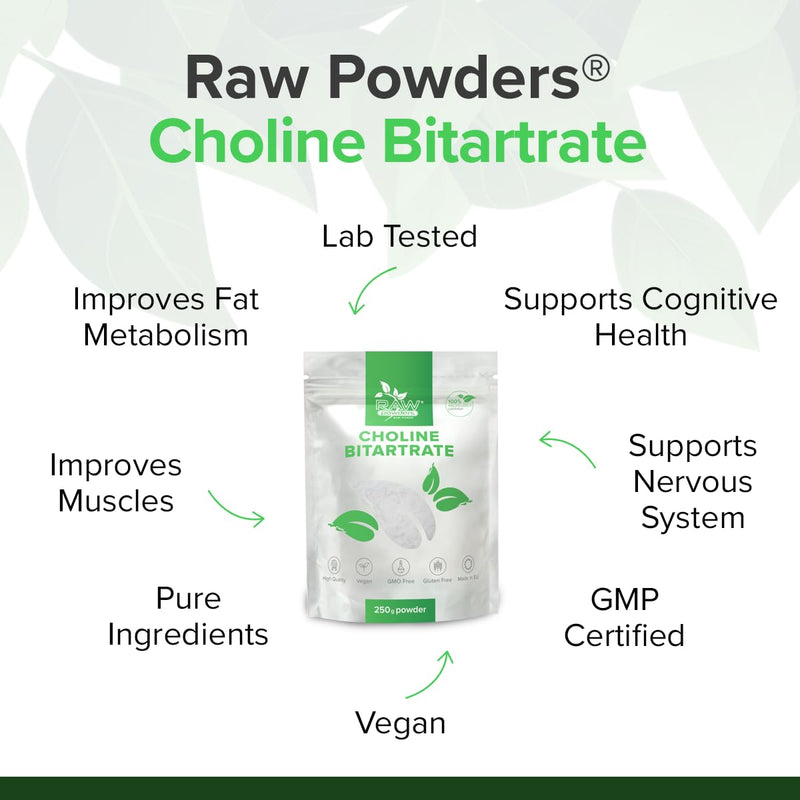 Choline Bitartrate Powder 250g | High Strength Choline Supplement | Supports Liver Function, Lipid & Homocysteine Metabolism | Pure Powder | Raw Powders