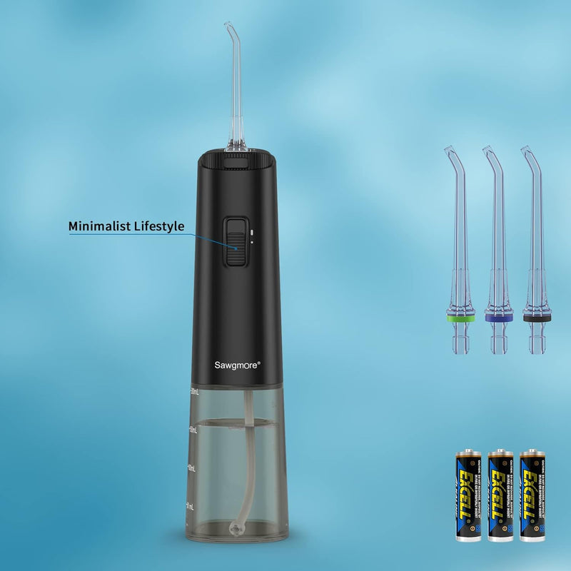 [Australia] - Sawgmore Oral Irrigator Wireless, Electric Tooth Cleaner with 4 Nozzles, 360° Rotating IPX6 Waterproof Battery Operated Interdental Cleaner for Travel/Family 220ML (Black) Black 