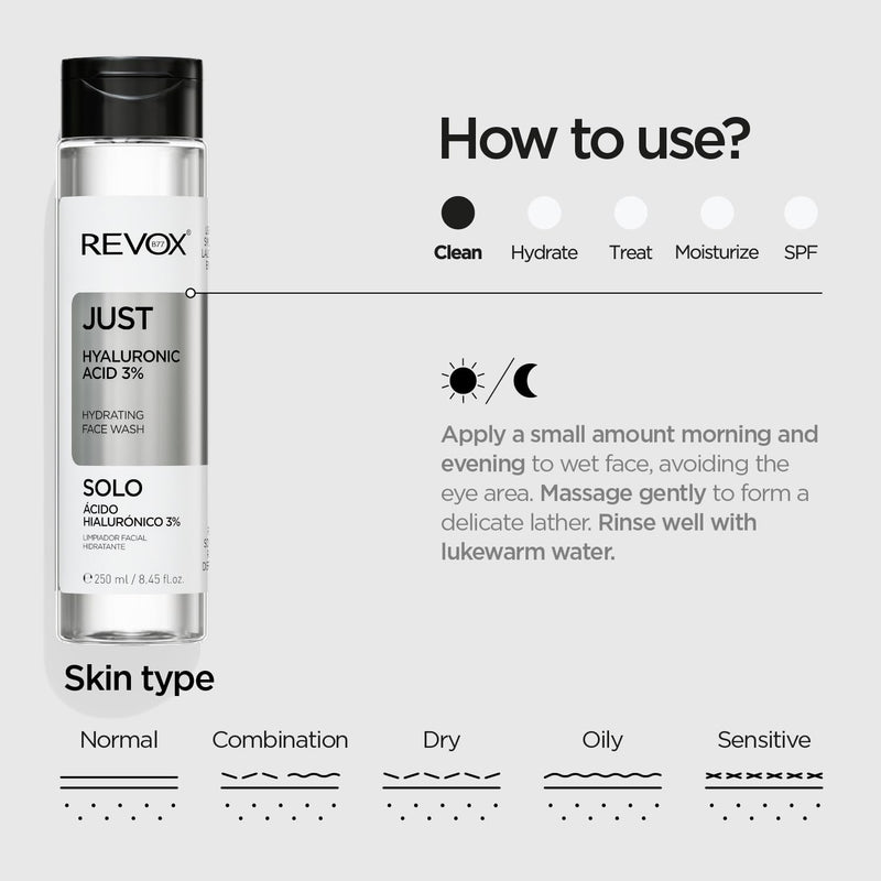 REVOX B77 - Just Hyaluronic Acid 3% Face Wash, 250 ml, Facial Cleanser with Hyaluronic Acid, Hydrating Cleanser, Removes Impurities and Oil Buildup Without Drying, Refreshes Skin, Daily Use