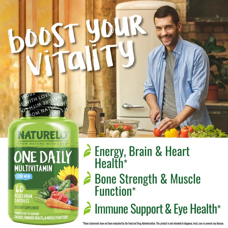 NATURELO Mens Multivitamins - One Daily Multivitamin for Men with Vitamins, Minerals & Organic Whole Foods, Boost Energy & Health, Non-GMO, 60 Vegetarian Capsules Unflavored 60 Count (Pack of 1)