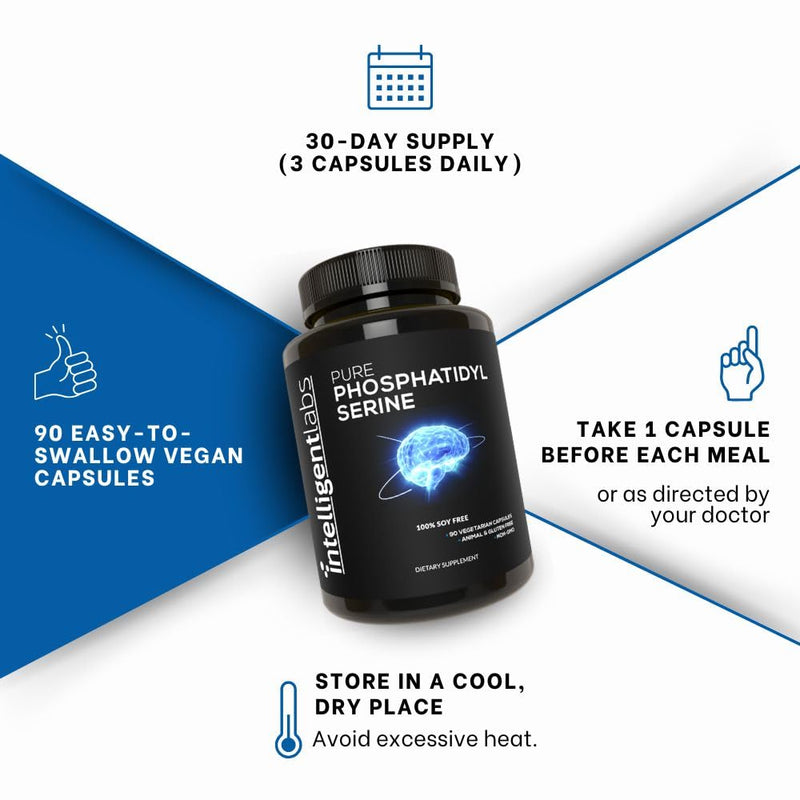 [Australia] - Intelligent Labs Phosphatidylserine Supplement 100mg, 90 High Strength Capsules, 100% Soy and Allergen-Free, Pure Phosphatidylserine from Sunflower Lecithin 