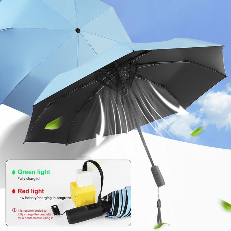 WOOLALA Portable Sun and Rain Umbrella with Personal Cooling Fan, UPF 50+, USB Rechargeable, Folding Compact Travel Umbrella for Hot Summer Pink