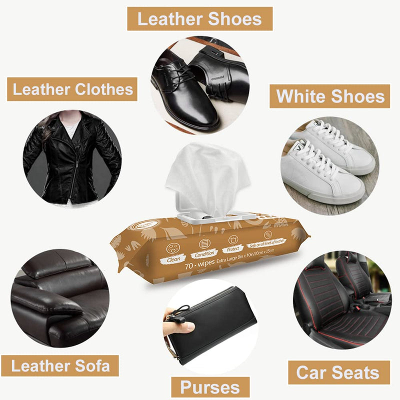 [Australia] - Air Jungles 3in1 Leather Cleaner Wipes 70 Count (Pack of 1), Extra Large 8" x 10" Size Leather Clean Condition Protect Wipes for Vinyl, Apparel Furniture Auto Car Interior Shoes Boots Bags 