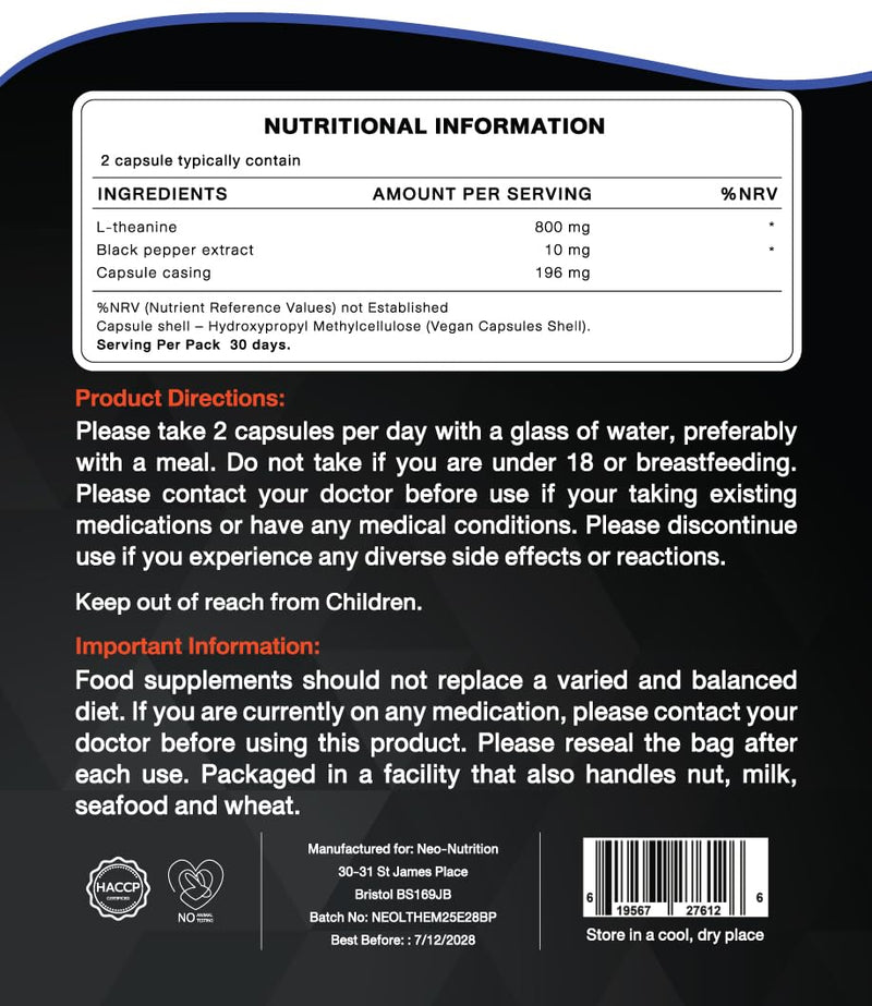 L-Theanine 400mg with BioPerine - 60 Vegan Capsules - Highly Bioavailable - Resealable and Recyclable Pouch - 2 Month Supply