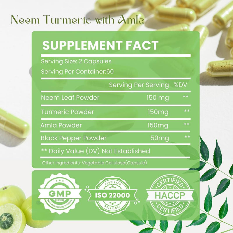 [Australia] - Neem Turmeric Capsules with Amla and Black Pepper 120 Veg Capsule | Made with Organic Neem, Turmeric and Amla | 60 Days Supply 120 Count (Pack of 1) 