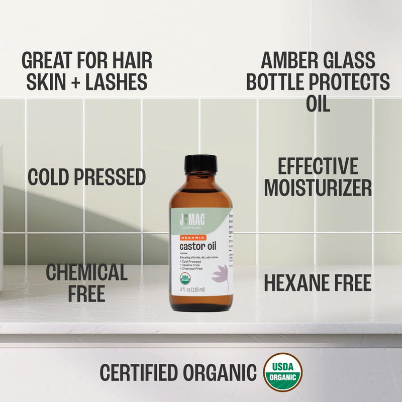 [Australia] - J MAC BOTANICALS Organic Castor Oil Cold Pressed (Glass Bottle, 4 oz, NO DROPPER), pure hexane free castor oil for face, skin, eyelashes 4 Fl Oz (Pack of 1) 