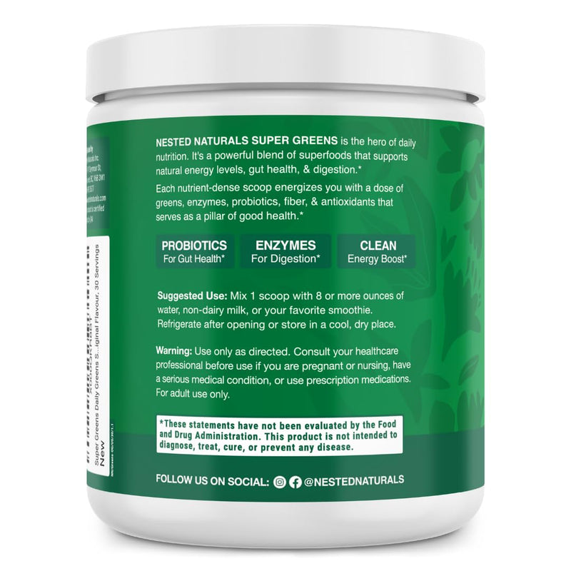 [Australia] - Nested Naturals Super Greens Daily Superfood Powder - Certified USDA Organic Green Powder w/20+ Whole Foods, Spirulina Powder,Wheat & Barley Grass - Probiotics, Fiber & Enzymes - Original Flavour, 30 Original (30 Servings) 