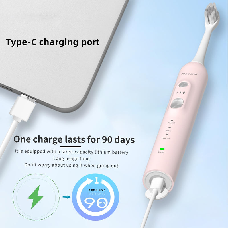 Rooman Electric Toothbrush for Adults with 8 Brush Heads, 40,000 VPM Sonic Toothbrush, IPX7 Waterproof, 4-Hour Charging, 90 Days of Continuous use, 3 Modes, Built-in Smart Timer (Pink) Pink