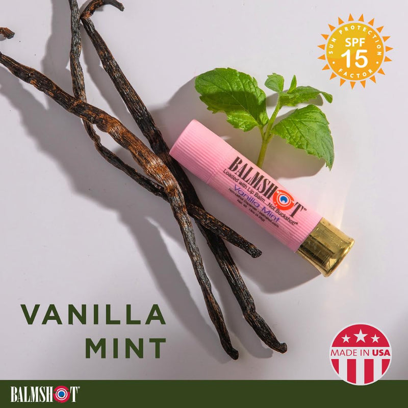 BALMSHOT Moisturizing Beeswax Lip Balm Pink (Vanilla Mint) SPF 15 - Chapstick with Aloe & Vitamin E, 20-Gauge Brass Shotgun Shell Tube, Made in USA