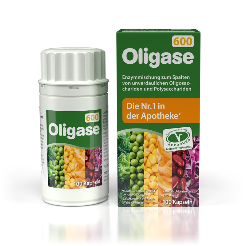 [Australia] - Oligase 600, enzyme mixture for the digestion of flatulent carbohydrates, digestive enzymes to help with bloating and stomach pain, free of gluten and fructose, suitable for vegetarians, 100 capsules 