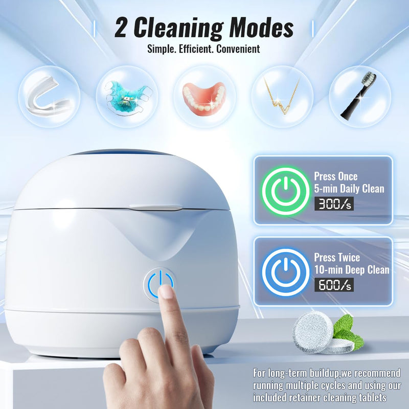 [Australia] - Ultrasonic Retainer Cleaner Machine, 45kHz Retainer Cleaner with UV-C Light and Cleaning Tablets, Capacity 200ML, Portable Dental Cleaning Pod for Dentures Night Mouth Guards Aligner Braces Jewelry 