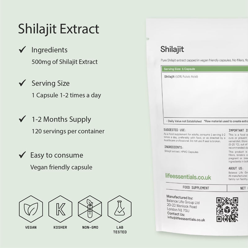 Life Essentials Pure Shilajit Capsules 500mg - High Strength Himalayan Shilajit Essence Supplements for Men & Women - Natural Energy & Vitality Support - 120 Veggie Capsules