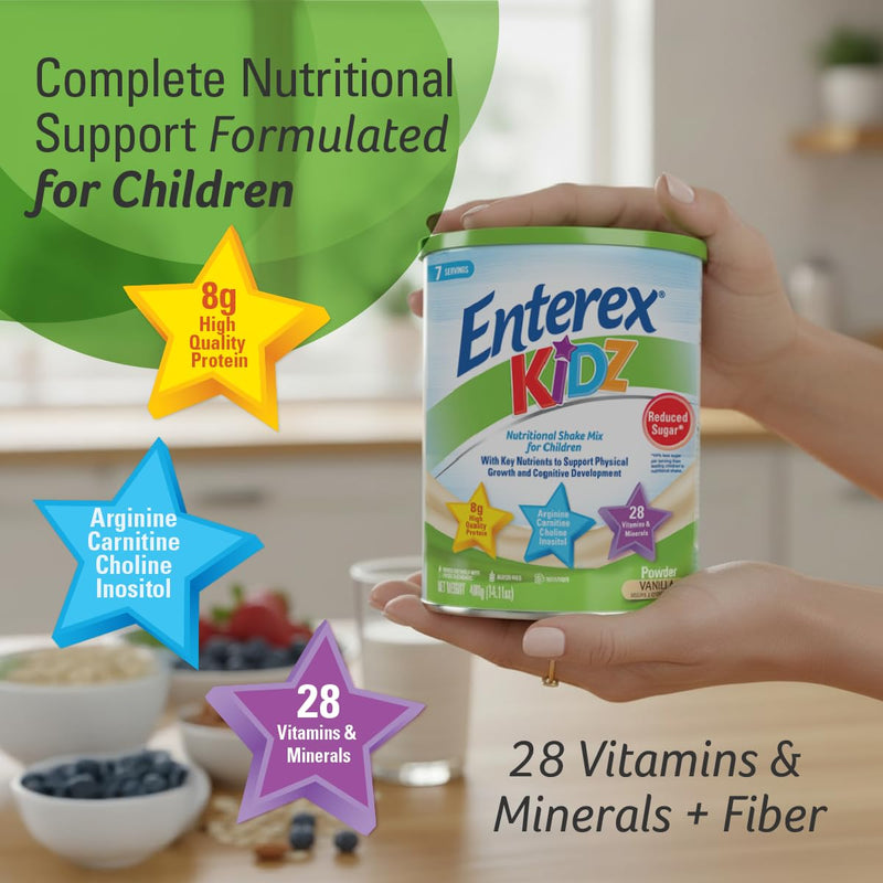 Enterex Kidz Nutritional Shake Mix for Kids – Vanilla | 8g Protein, Reduced Sugar, 28 Vitamins & Minerals | Gluten Free, with Fiber | 400g (7 Servings)