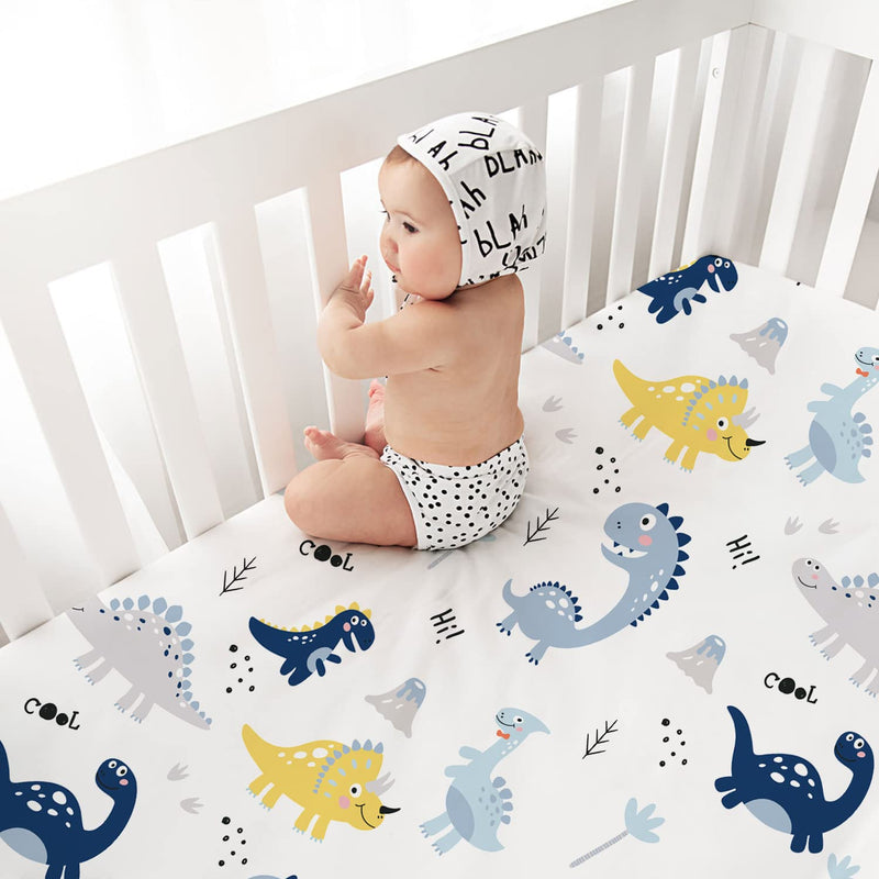 [Australia] - Crib Sheets for Baby Boys 4 Pack, 28"x 52" Extra Soft Microfiber Crib Sheet Set for Standard Crib & Toddler Mattress Pad, Dinosaur & Elephant & Stars & Navy Blue Blue Dinosaurs 1 