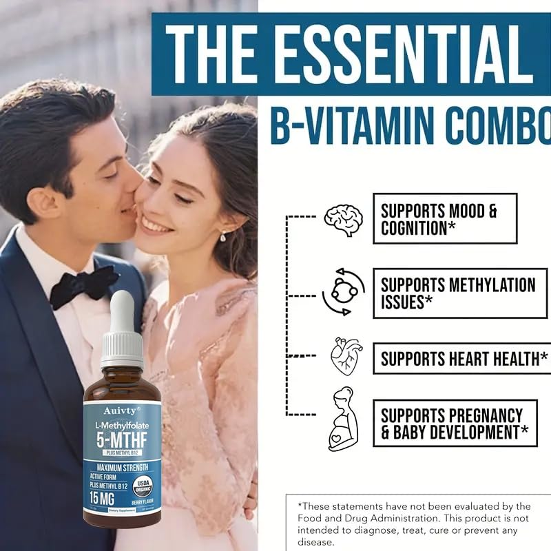 Organic Methyl Folate 1000 mcg + Methyl B12 Drops – 5-MTHF & Methylcobalamin Sublingual, 300 Servings, Berry Flavor, Vegan, Non-GMO Liquid Folate & Vitamin B12 Supplement, 1 fl oz