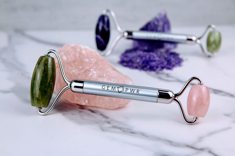 [Australia] - Rose Quartz + Jade Roller for Face and Neck Massage, Dual Gemstones with Durable Steel Handle and Travel Bag. Minimize Wrinkles, Reduce Puffiness and Restore Skin's Elasticity and Radiance Jade + Rose Quartz 