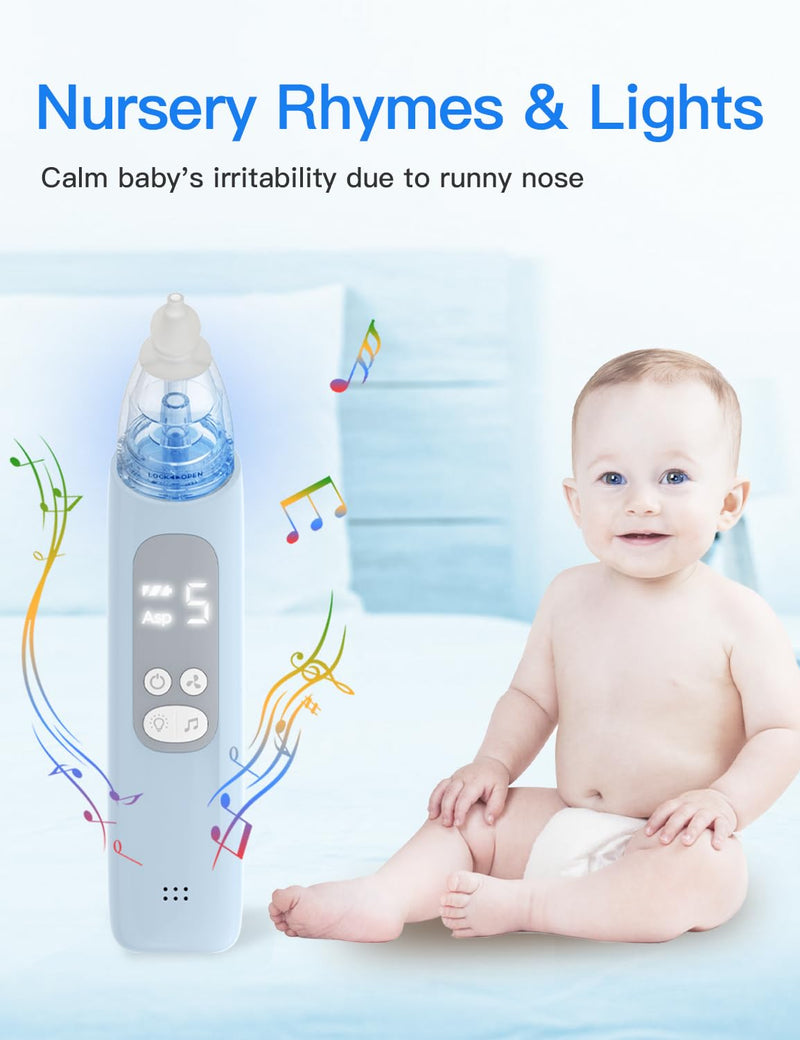 [Australia] - Baby Nasal Aspirator, Electric Nose Sucker with 5 Levels Suction, Soothing Light & Nursery Rhymes Blue 
