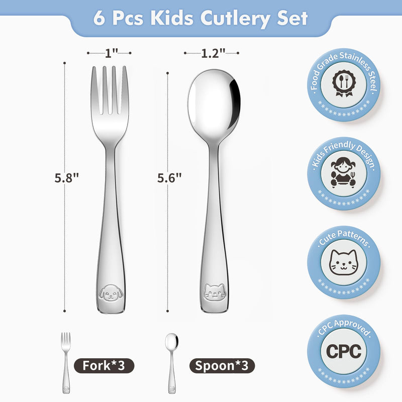 [Australia] - DRKIO Stainless Steel Toddler Utensils Set - 6 Pieces Kids Silverware Set Children Safe Food Grade Small Forks and Spoons Dishwasher Safe Mirror Polished Silver 