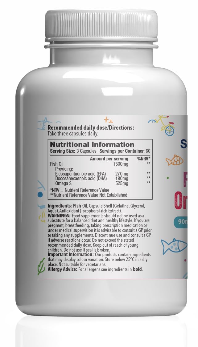 High Strength & Pure Omega 3 500mg for Kids | for Ages 4-15 Years | 360 Capsules in Total | Manufactured in The UK Unflavoured 180 count (Pack of 2)