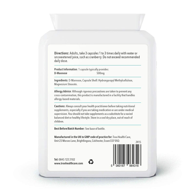Troo Health Care Troo D Mannose 90 Capsules 500mg Supplement - Daily Vegan Friendly Supplement for Men and Women - Letterbox Friendly Recyclable Packaging - UK Manufactured to GMP Standards 90 count (Pack of 1)