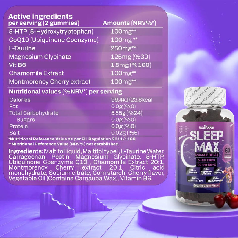 Sleep Max 5 HTP, Co Q10, L-Taurine, Magnesium, Chamomile Extract, Mont Cherry Extract and Vitamin B6 with Soothing Cherry Flavour Gummies