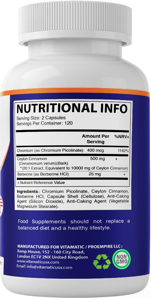 Vitamatic Ceylon Cinnamon 10000 mg Equivalent Per Serving (from 20:1 Extract 500 mg) with Berberine & Chromium - 240 Vegetable Capsules - Non-GMO & Gluten Free