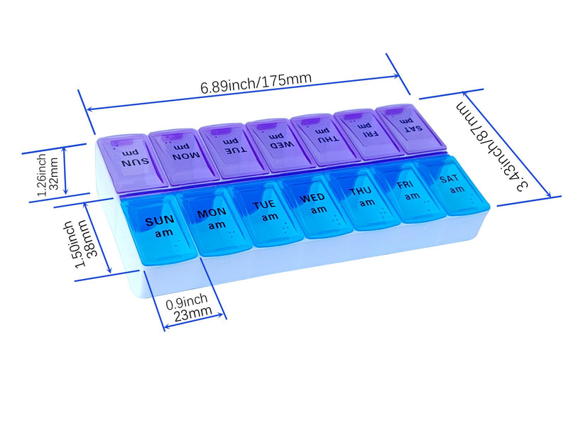 Weekly (14-Day) AM/PM Pill Organizer, 2 Times a Day Pill Case and Planner, Portable Vitamin Containers, Medicine Pill Box(Blue-Purple) Blue-purple