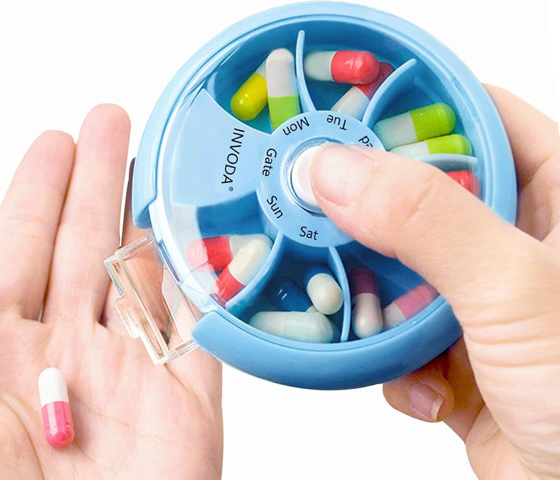 3PCS Weekly Pill Organizer Travel Pill Container Small Portable Pill Case | Cute Round Rotate Pill Dispemser 7 Day Daily Pill Box for Fish Oil Supplements Vitamins, Arthritis Friendly and Portable Blue 3pcs