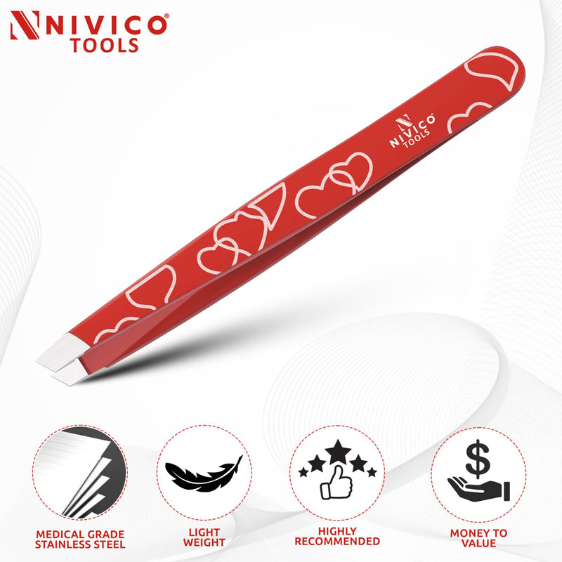 NIVICO Eyebrow Tweezer Hair Removal, Slant Stainless Steel 9.5cm Ingrown Facial Hair Tweezers for Men And Women (Red Coated)